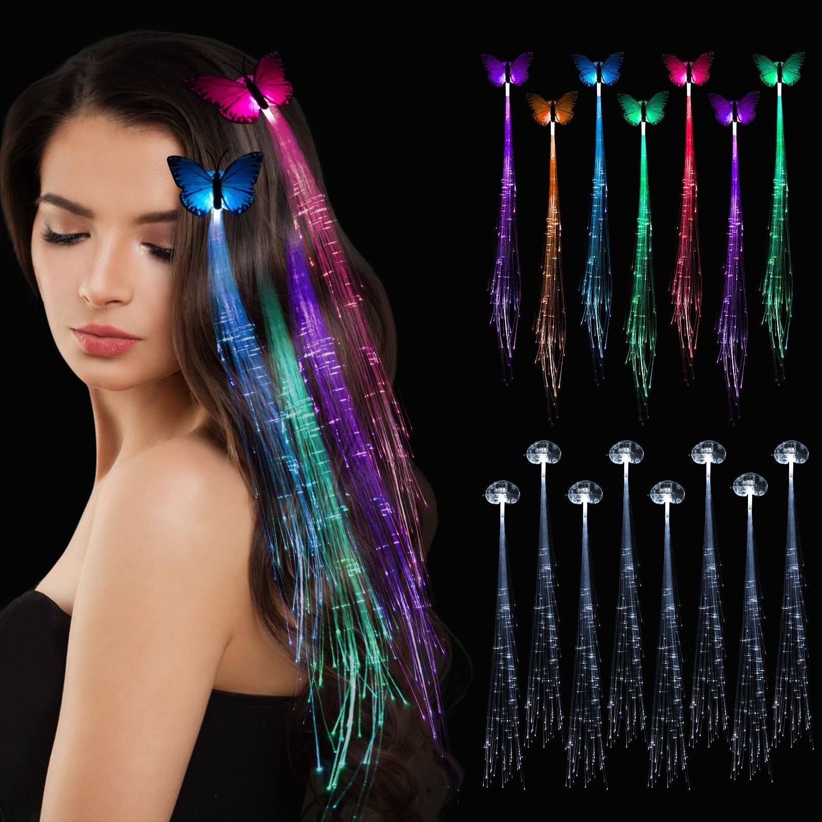 Woman with LED fiber optic hair extensions in butterfly and heart shapes, with multiple colors displayed.