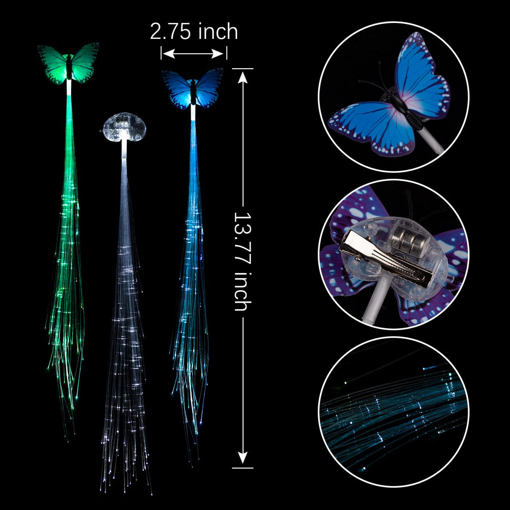 Three LED fiber optic hair clips with butterfly designs in green, blue, and white, showing dimensions and close-ups.