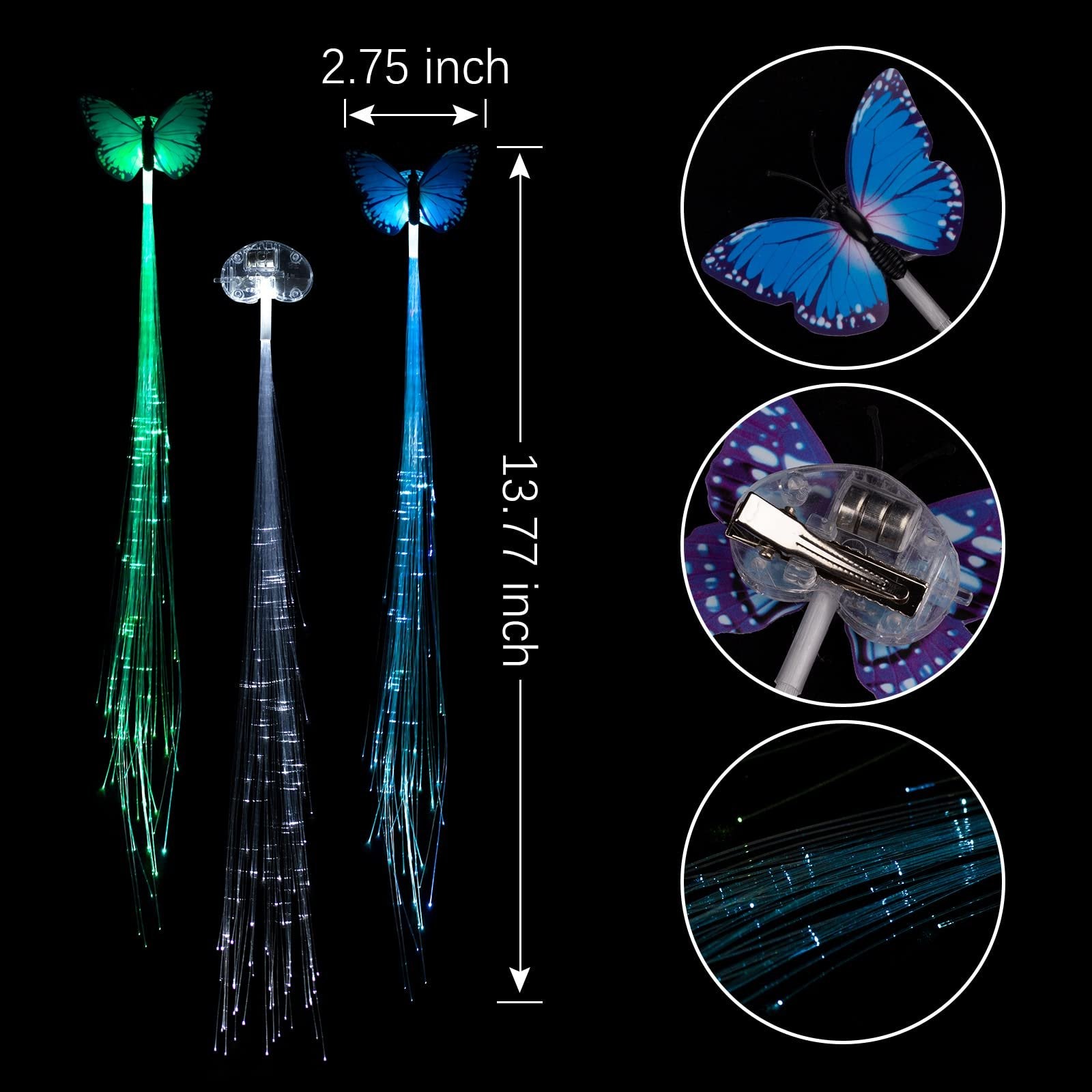 Three LED fiber optic hair clips with butterfly designs in green, blue, and white, showing dimensions and close-ups.