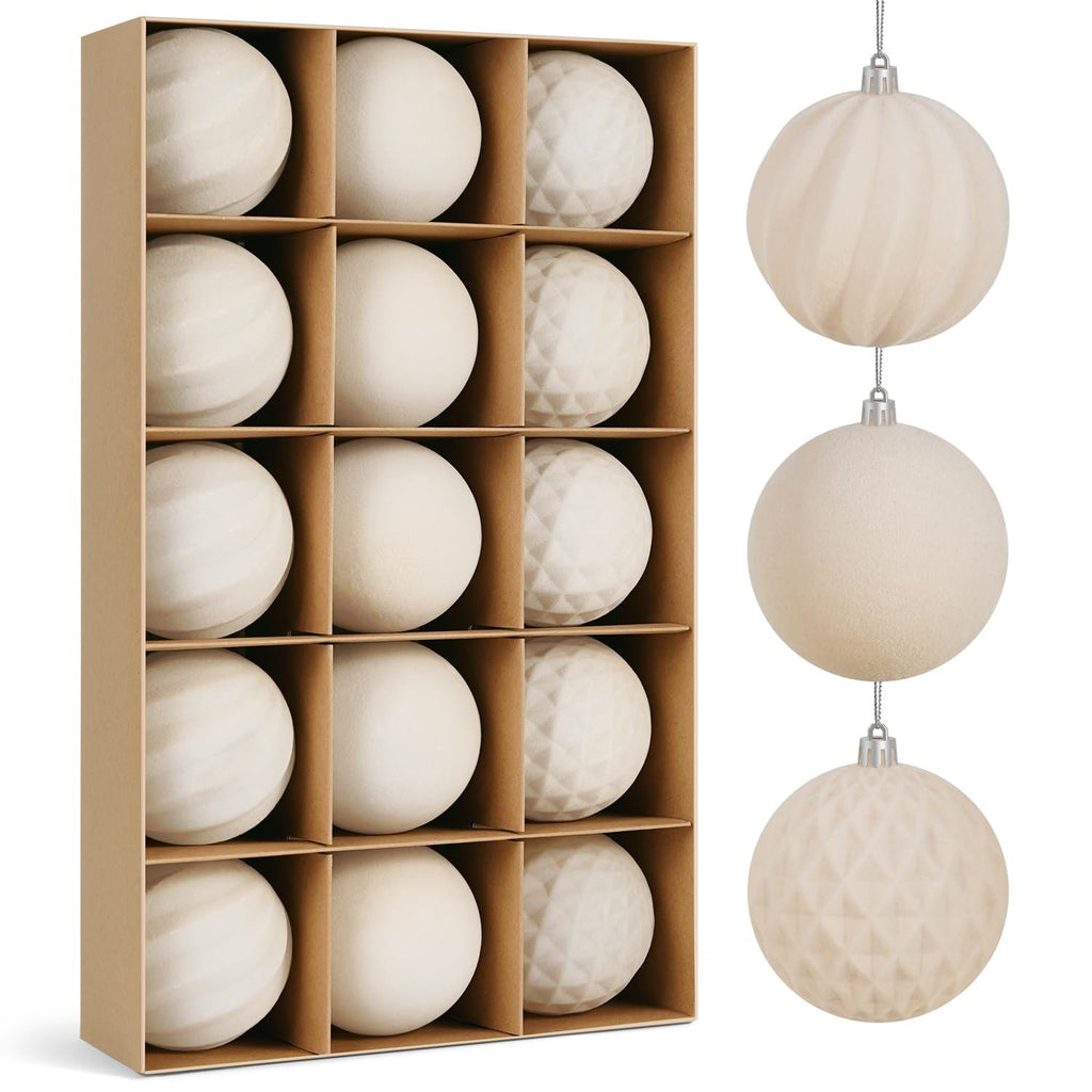 Beige flocked Christmas ball ornaments in a cardboard box and hanging, 3.15 inch shatterproof decorations