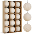 Beige flocked Christmas ball ornaments in a cardboard box and hanging, 3.15 inch shatterproof decorations