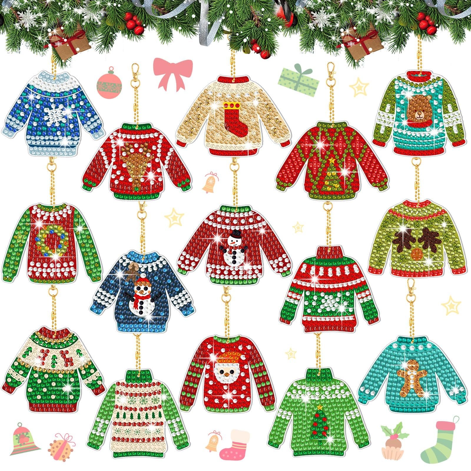 Collection of 15 diamond painting keychain kits shaped like ugly Christmas sweaters, displayed against a festive evergreen garland background.