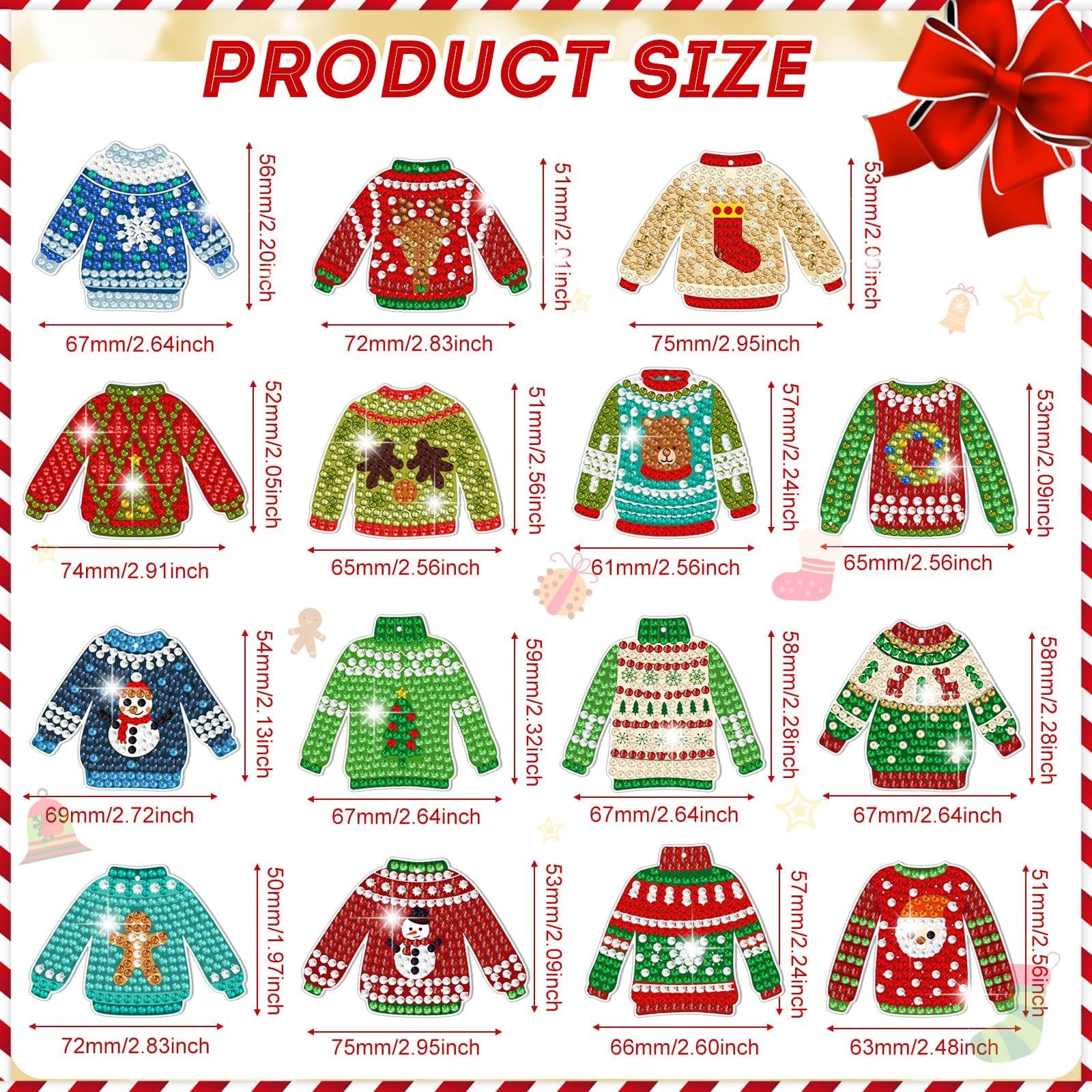 Diamond painting Christmas sweater keychain kits with size dimensions shown, featuring various festive designs like snowflakes, reindeer, snowmen, and trees.