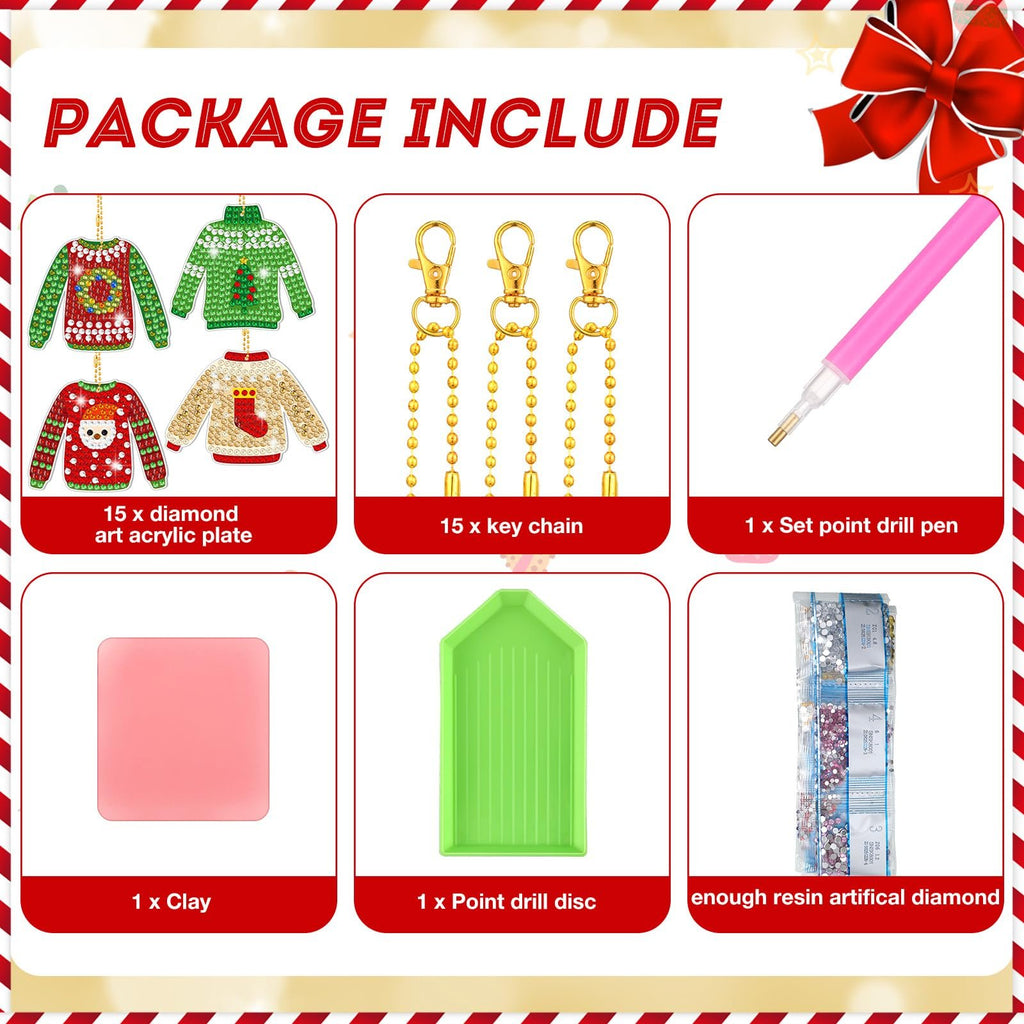 Christmas diamond painting keychain kit contents: acrylic plates, keychains, drill pen, clay, drill disc, and diamonds.
