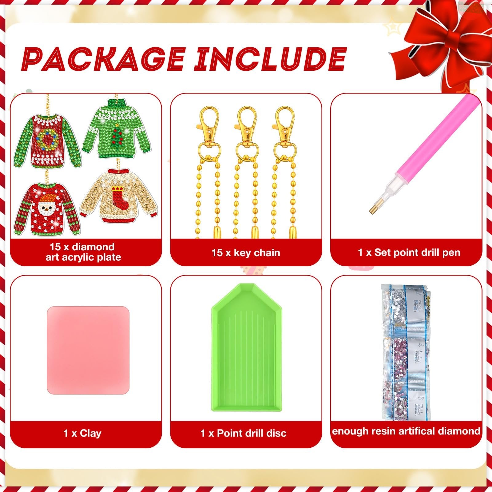 Christmas diamond painting keychain kit contents: acrylic plates, keychains, drill pen, clay, drill disc, and diamonds.