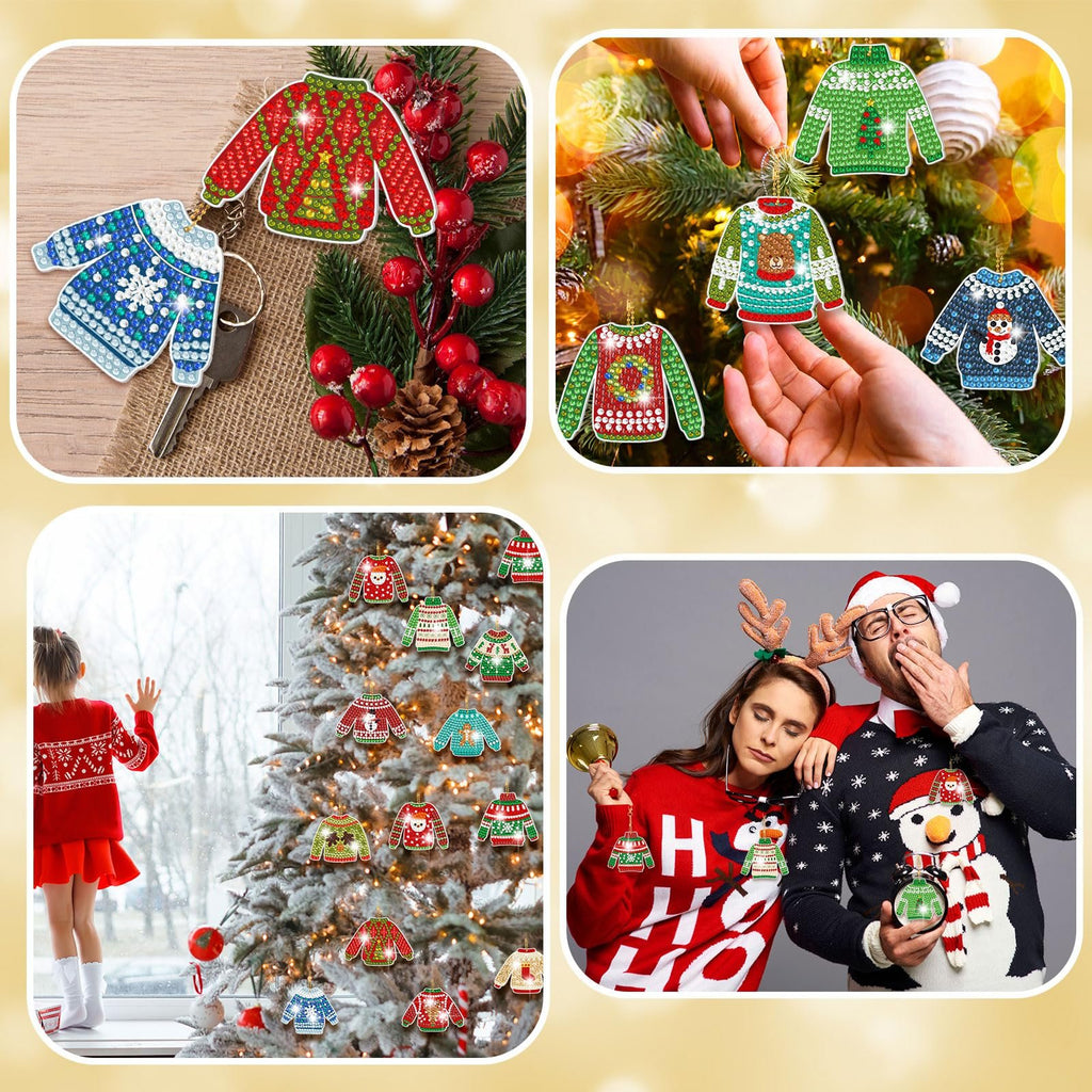 Christmas diamond painting keychain kits featuring ugly sweater designs, shown as keychains, ornaments on a tree, and worn by people.