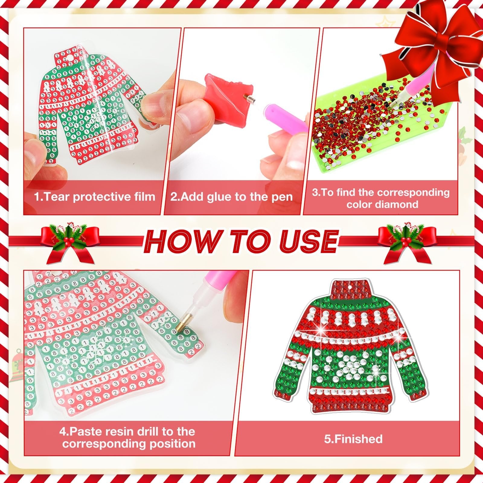 Diamond painting keychain kit instructions showing steps to create an ugly sweater ornament. Includes close-ups of materials and finished product.