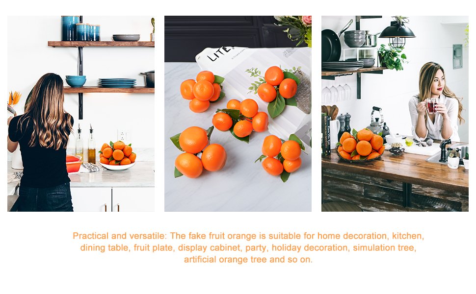 Collage of three kitchen scenes featuring artificial oranges, one with a woman arranging them, one with oranges on a table, and one with a woman at a counter.