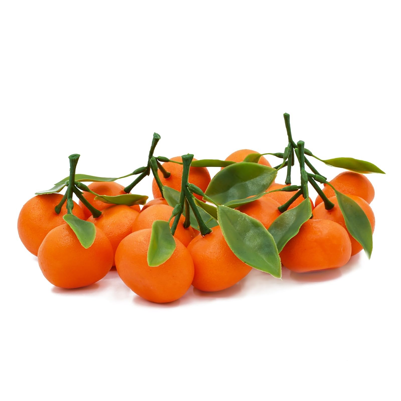 Cluster of 15 mini artificial oranges with green stems and leaves on a white background.