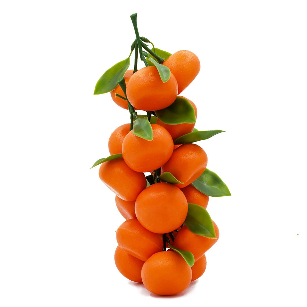 Cluster of 15 mini artificial oranges with green leaves on a white background