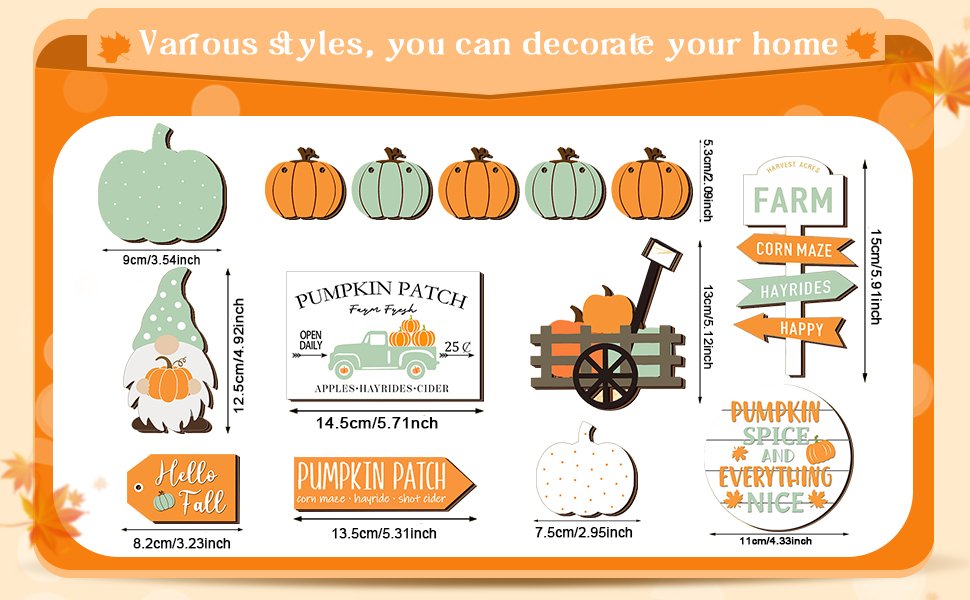 Thanksgiving tiered tray decor set including pumpkins, a gnome, a wagon, and signs with fall-themed text.