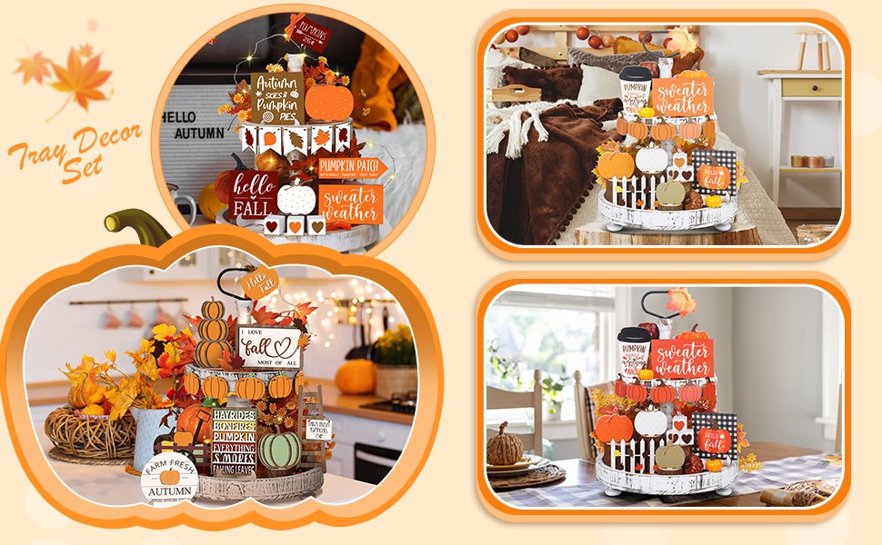 Collage of Thanksgiving tiered tray decor sets with fall autumn themes including pumpkins, gnomes, and seasonal phrases.