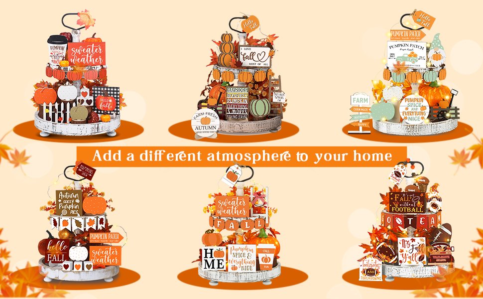 Six tiered tray decor sets with fall and autumn themes, featuring pumpkins, gnomes, and festive signs.