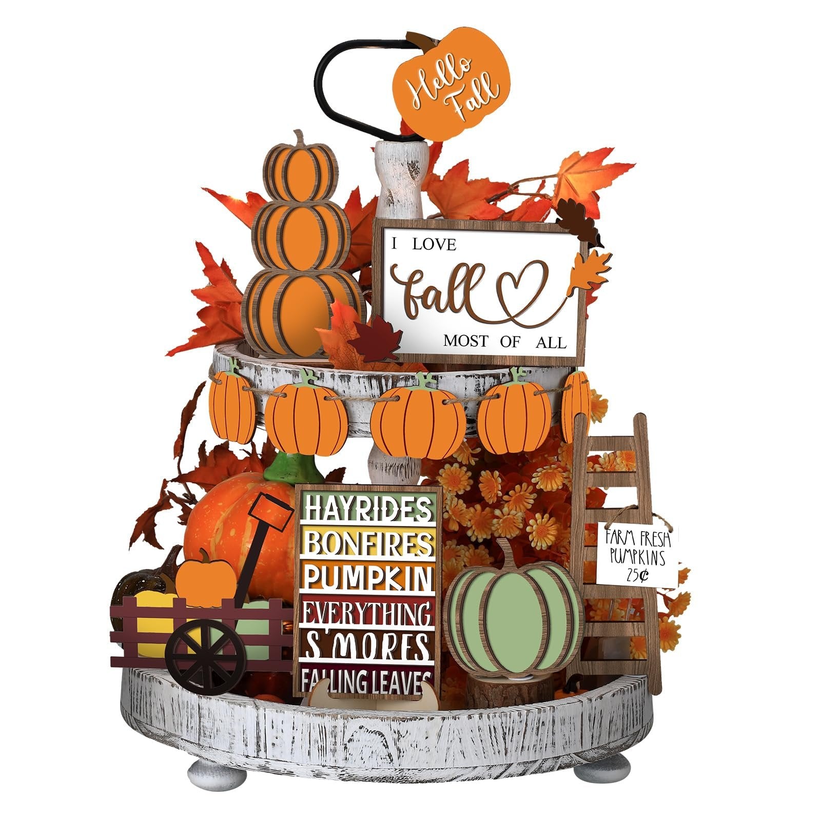 Thanksgiving tiered tray decor set with stacked pumpkins, fall leaves, and signs saying 'I Love Fall' and listing fall activities.