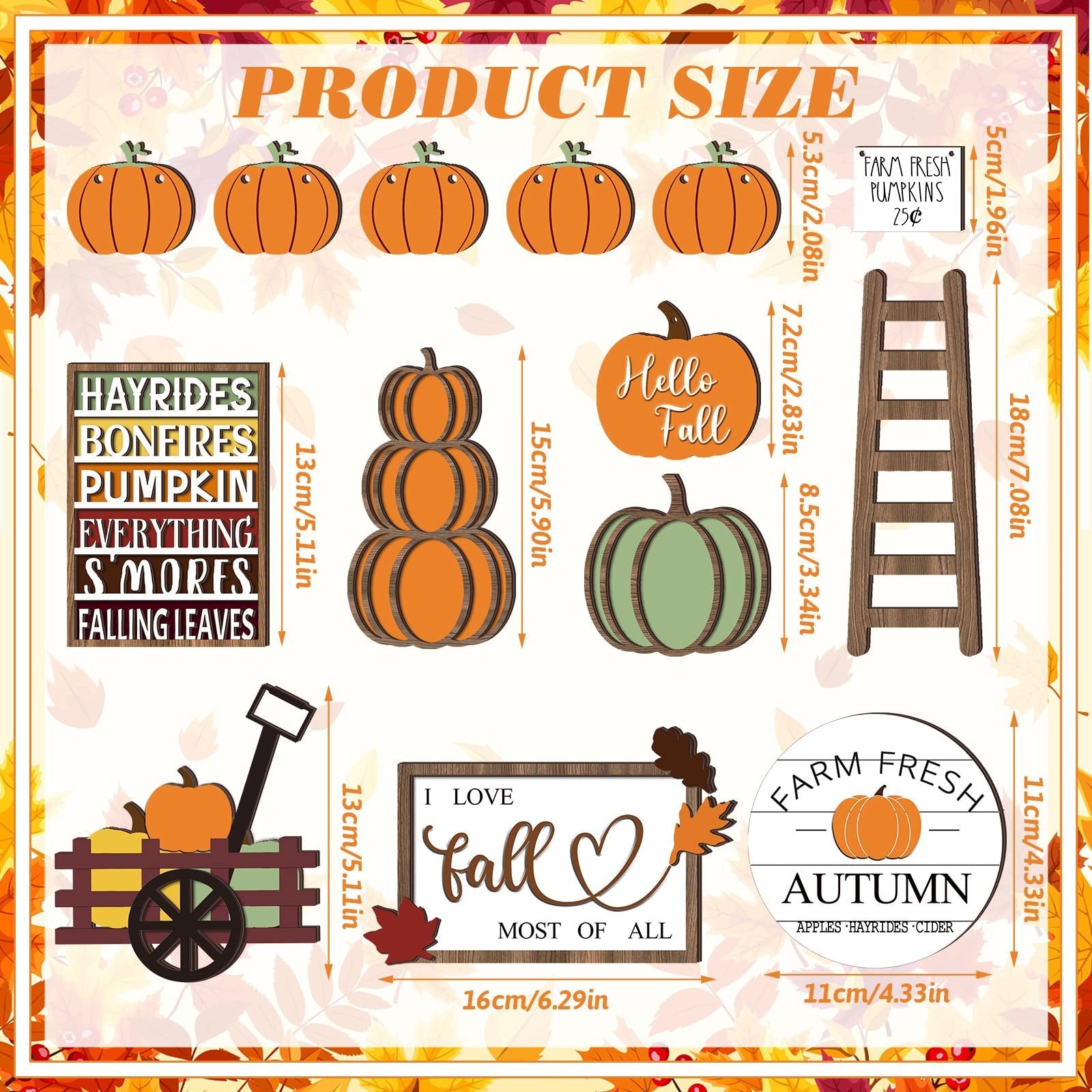 Thanksgiving tiered tray decor set with pumpkins, signs, and a ladder, showing product sizes and dimensions.