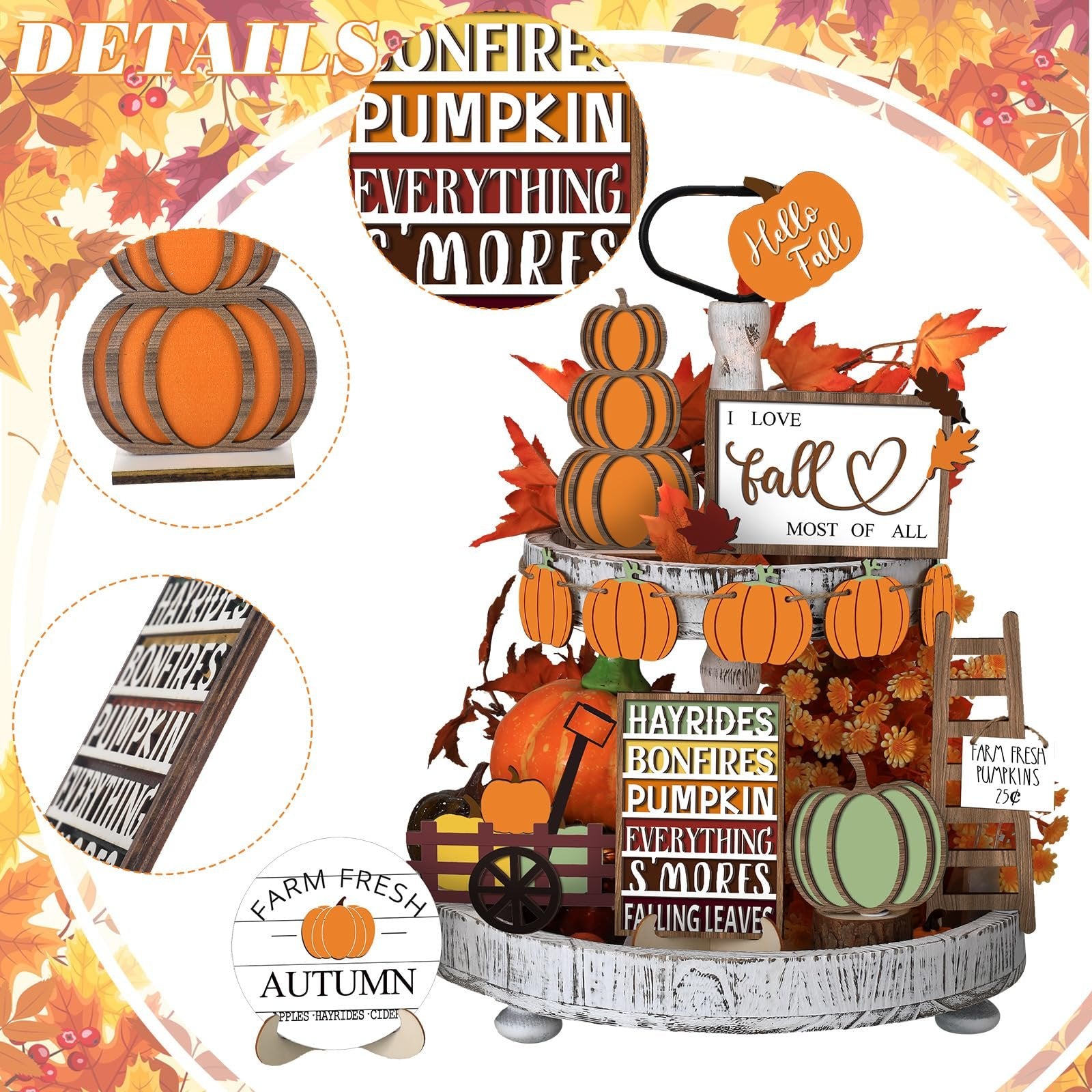 Thanksgiving tiered tray decor set with pumpkins, gnomes, and fall-themed signs.