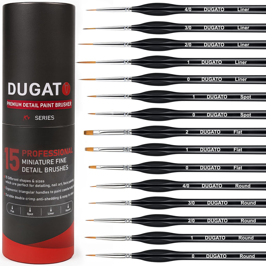 Set of 15 fine detail paint brushes with triangular handles in a cylindrical case, showing brush tips and sizes.
