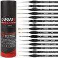 Set of 15 fine detail paint brushes with triangular handles in a cylindrical case, showing brush tips and sizes.