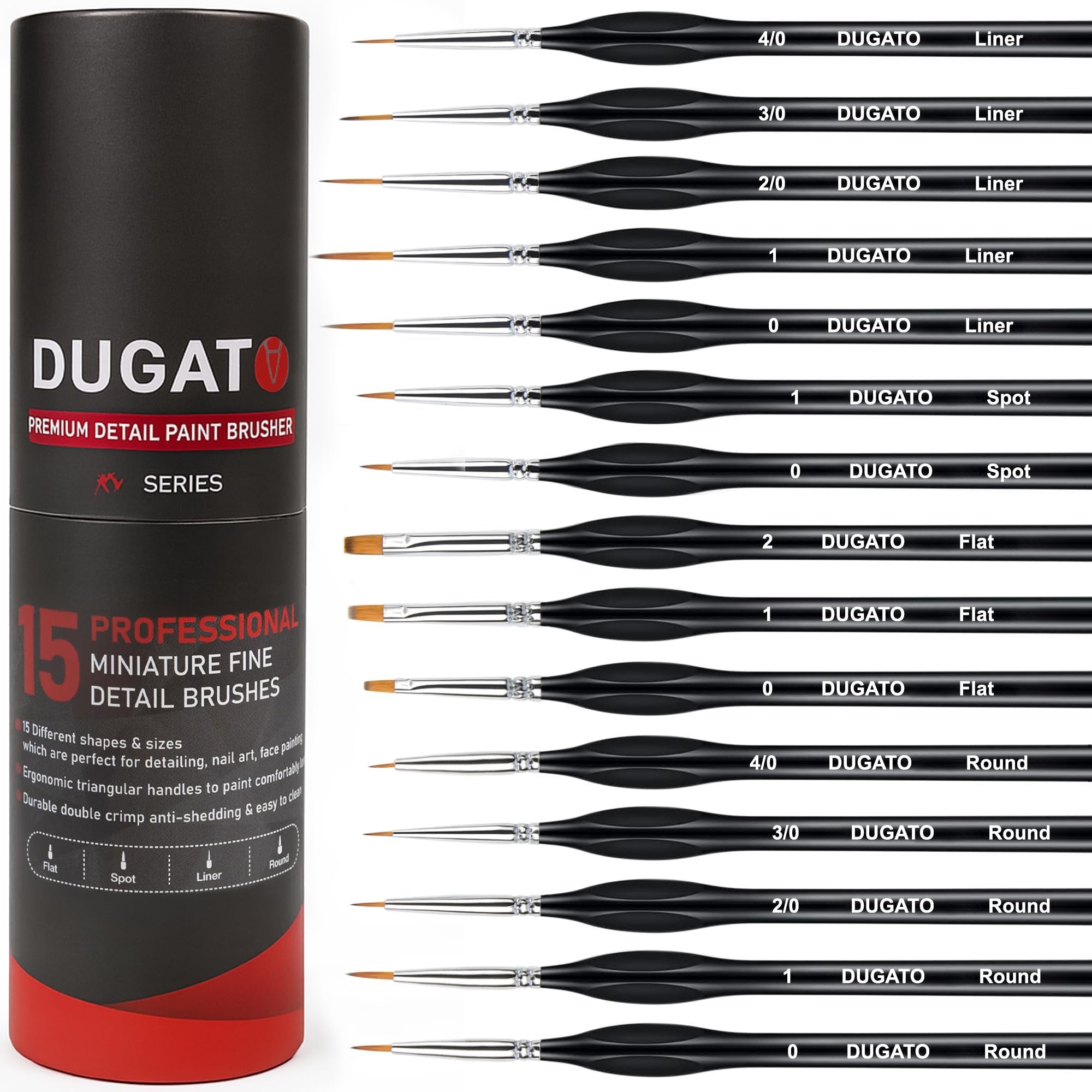 Set of 15 fine detail paint brushes with triangular handles in a cylindrical case, showing brush tips and sizes.