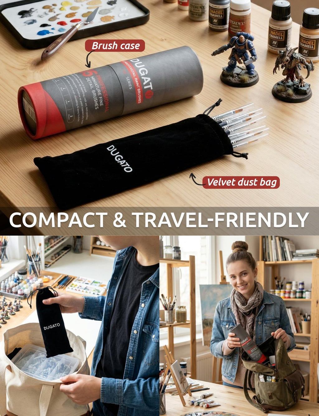 Paint brush set in cylindrical case and velvet bag, with paint bottles and miniature figures on a wooden table.