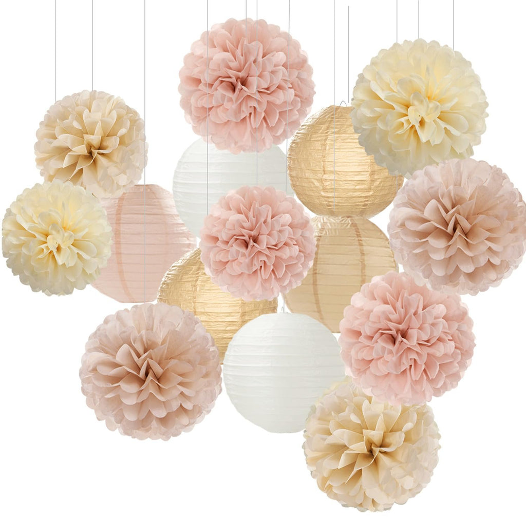 Set of 15 paper decorations including pom poms and lanterns in navy blue, white, and gold, suspended by strings.