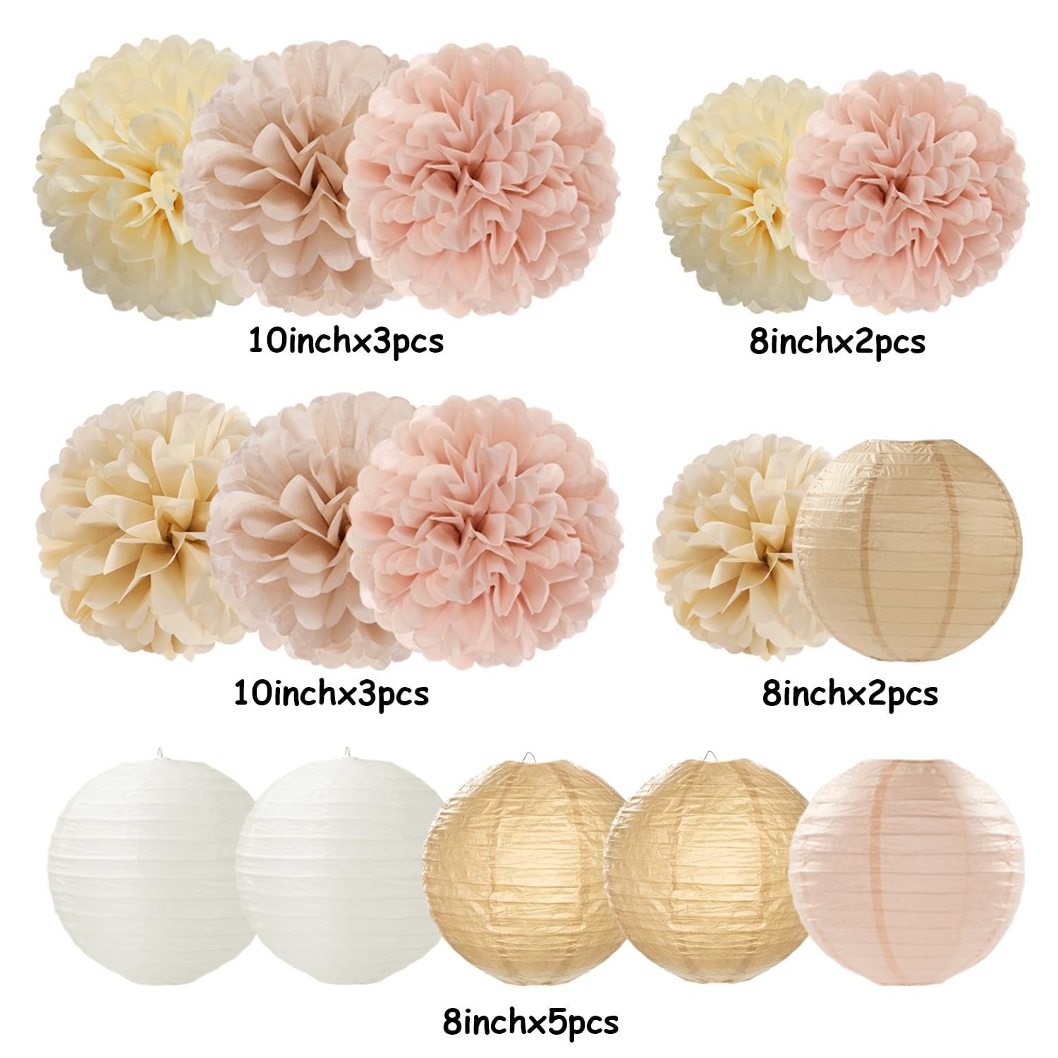 Party decoration kit with assorted paper pom poms and lanterns in navy blue, white, and gold.