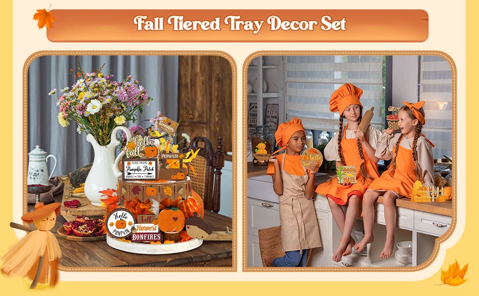 Fall tiered tray decor set with wood pumpkins and maple leaves, shown in two scenes: one with a tiered tray arrangement and flowers, and another with children in aprons.