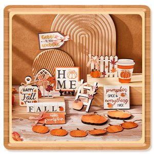 Thanksgiving tiered tray decor set with wood pumpkins, maple leaves, and signs.