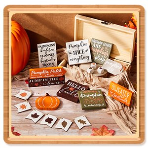 Thanksgiving tiered tray decor set with wood pumpkins, maple leaves, and signs with autumn phrases.
