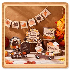 Thanksgiving tiered tray decor set with wood pumpkins, maple leaves, turkeys, and banners.