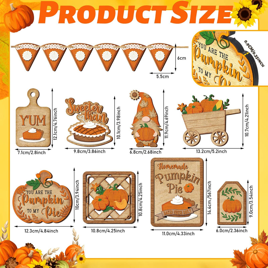 Thanksgiving tiered tray decor set showing various wooden cutouts with fall themes and dimensions.