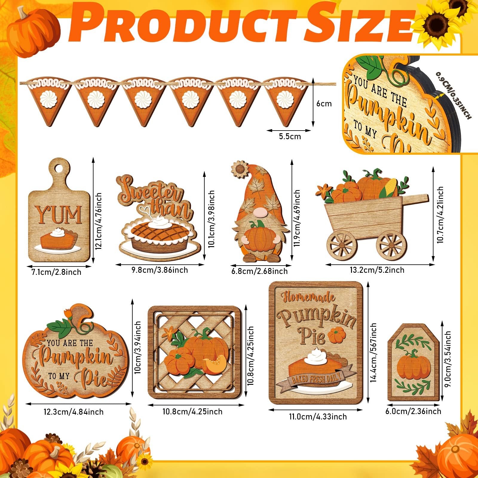 Thanksgiving tiered tray decor set showing various wooden cutouts with fall themes and dimensions.