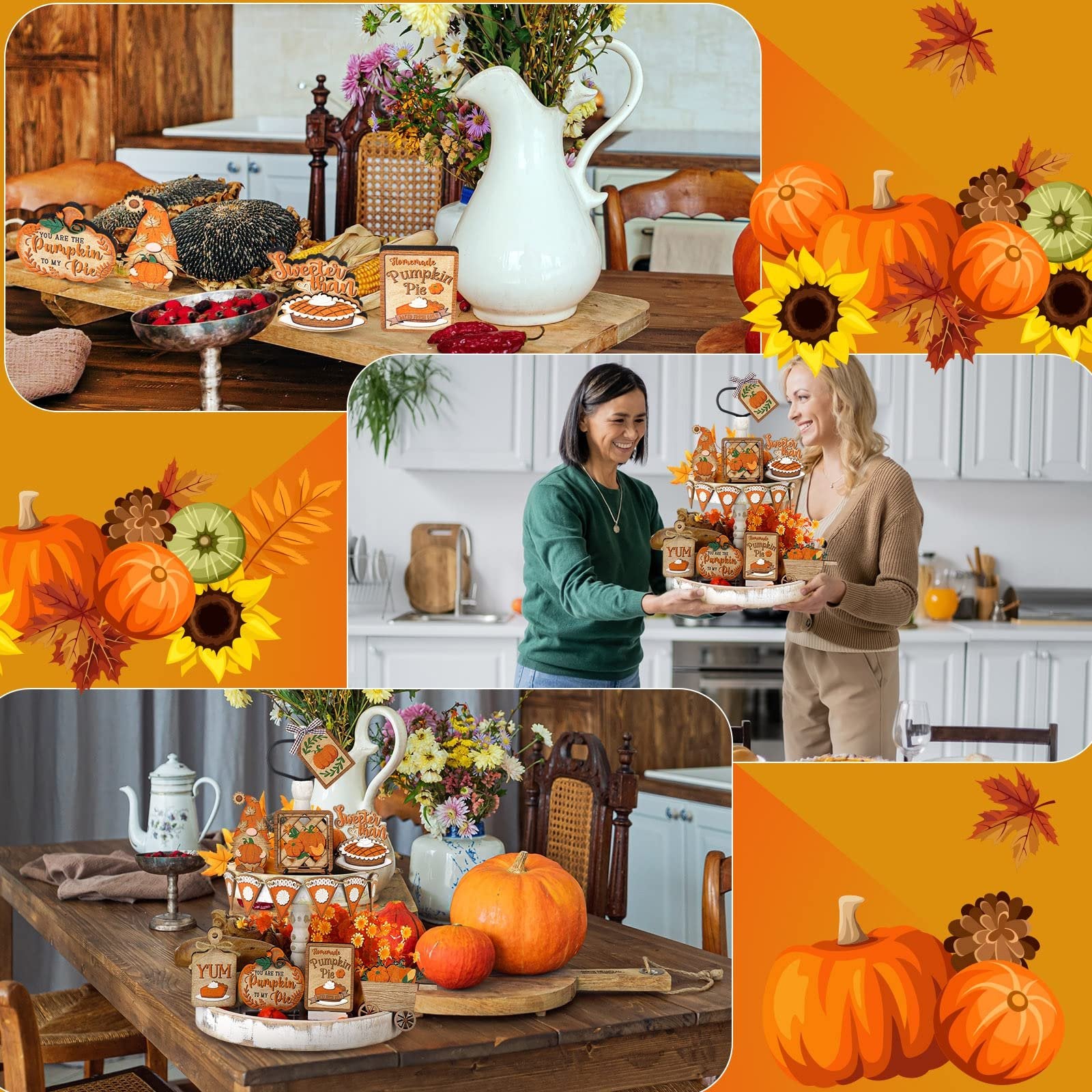 Collage of Thanksgiving decor featuring pumpkins, sunflowers, and autumn leaves, with two women holding a tiered tray of decorations.