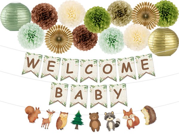 Woodland baby shower decoration kit with banner, pom poms, paper lanterns and fans featuring forest animals.