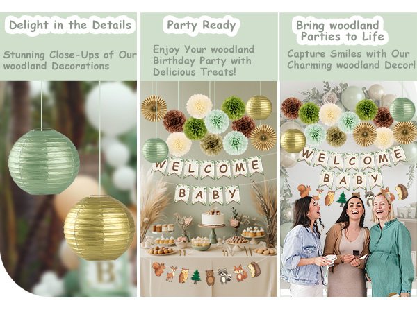 Woodland baby shower decorations including paper lanterns, pom poms, banners, and fans, shown in lifestyle and close-up views.