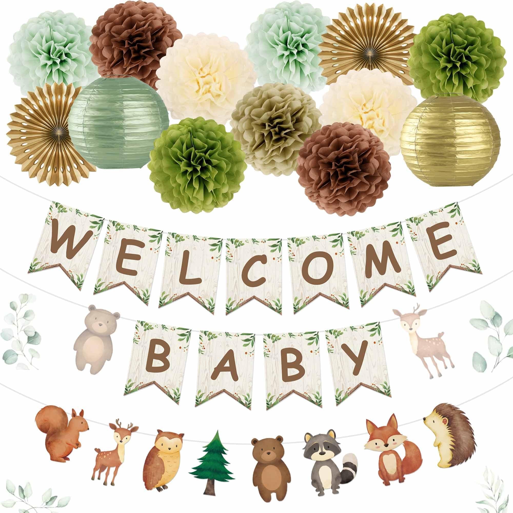 Woodland baby shower decoration kit with banner, pom poms, paper lanterns, fans, and animal cutouts.