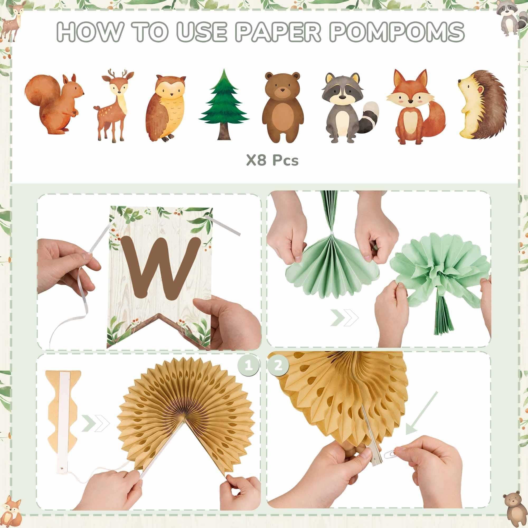 Instructions for assembling paper pom poms and banner for woodland baby shower decor. Includes woodland animals and step-by-step visuals.