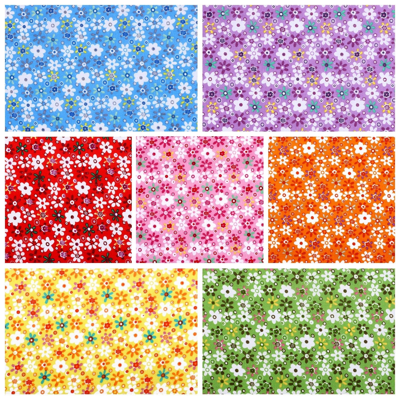 Collage of seven floral fabric squares in blue, purple, red, pink, orange, yellow, and green patterns.