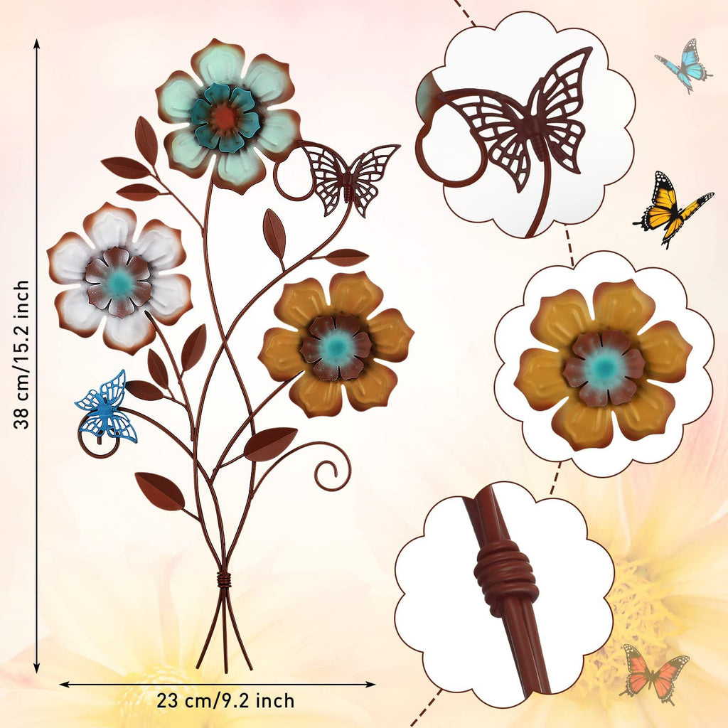 Tricolor metal flower wall decor with butterflies and detailed close-ups of flowers and stem