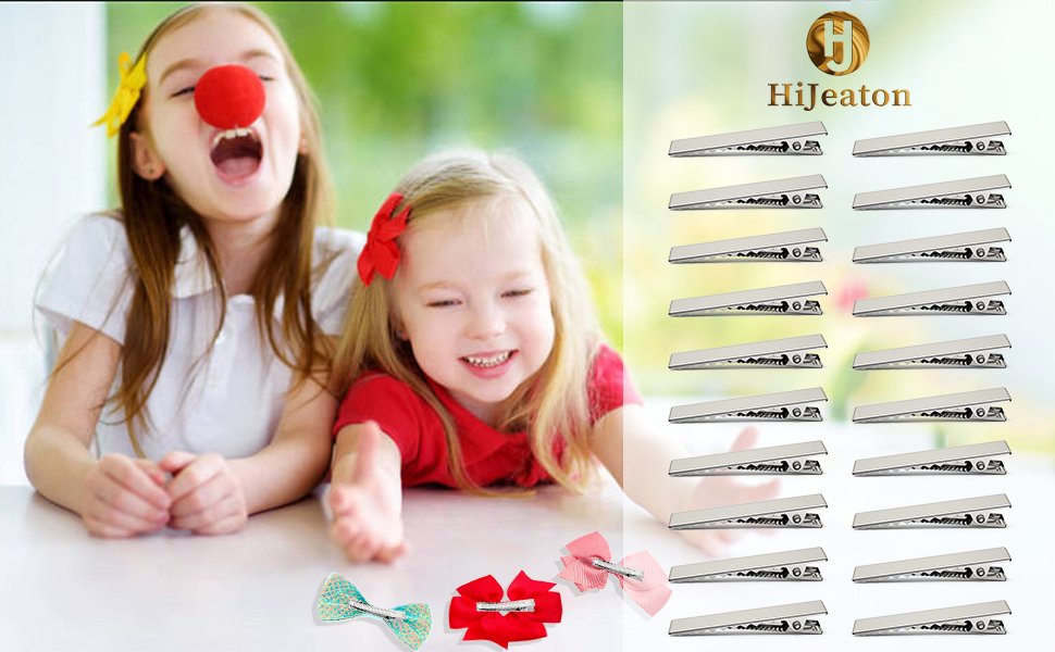 Two young girls with clown noses and bows, with a display of metal alligator hair clips on the right.
