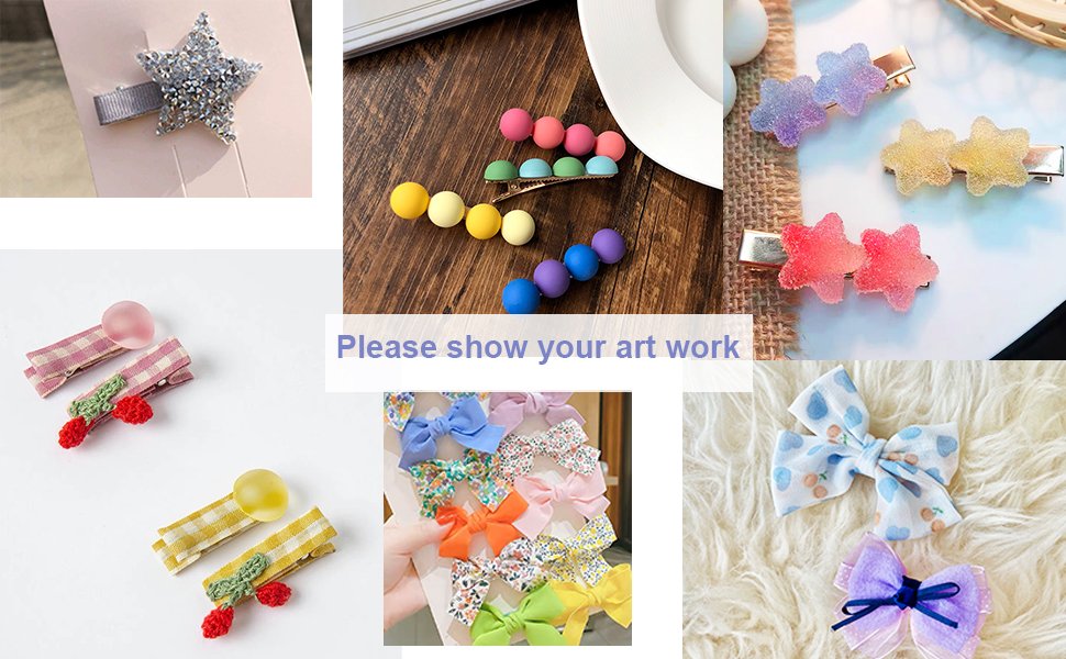 Collage of various hair clips including glitter star, colorful pom-pom, star-shaped, cherry, and bow designs.