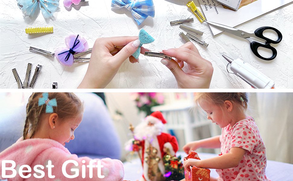 Hands crafting hair bows with alligator clips, scissors, and glue gun; children opening gifts.