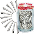 Silver alligator hair clips arranged in a circle and a clear pouch filled with clips, tied with gingham fabric and twine.