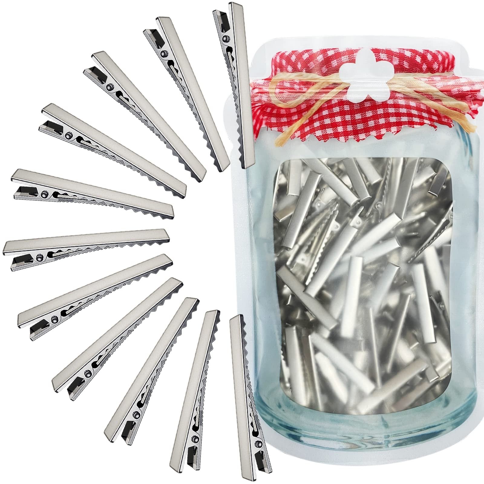 Silver alligator hair clips arranged in a circle and a clear pouch filled with clips, tied with gingham fabric and twine.