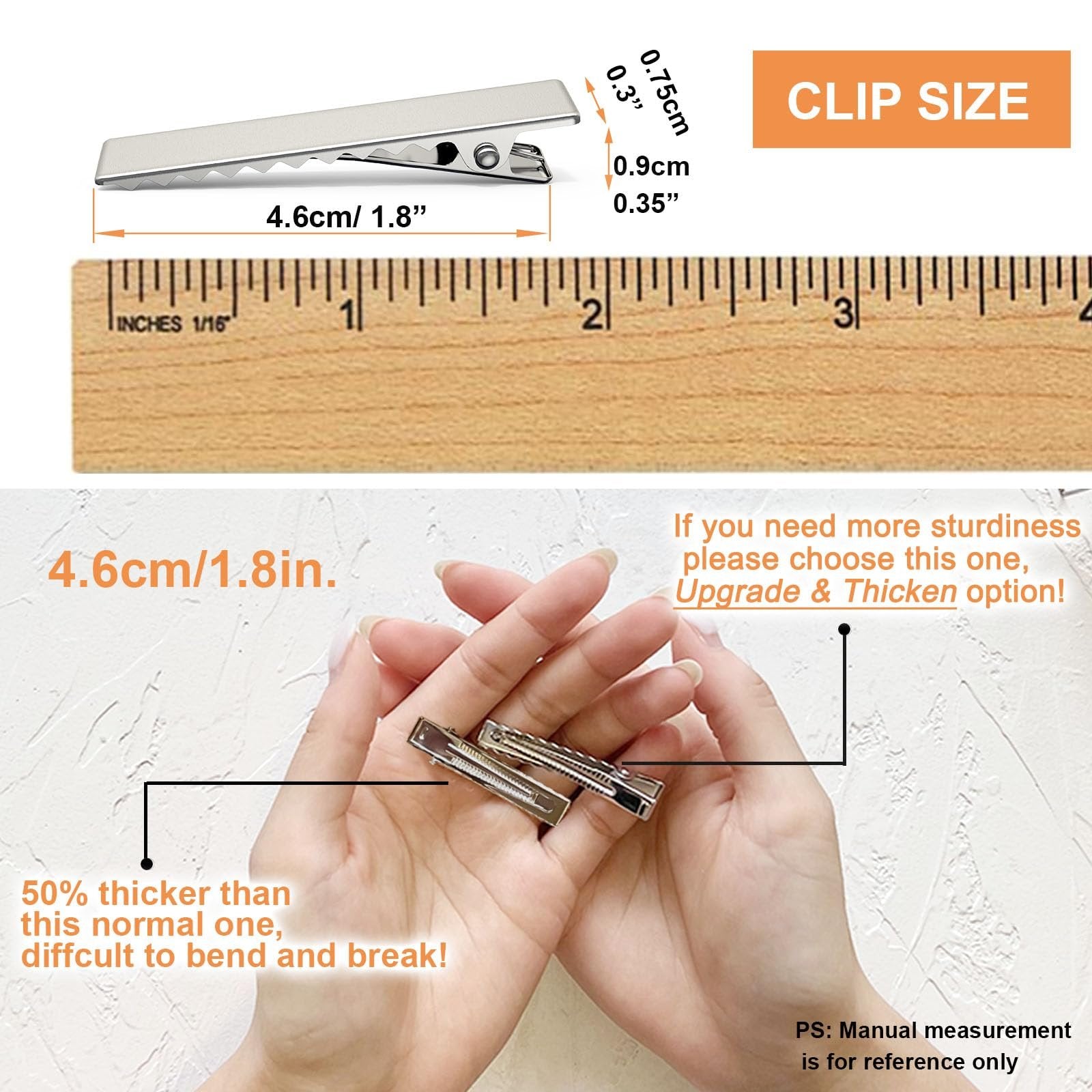 Metal alligator hair clips shown with ruler and hand for size reference, highlighting dimensions and thickness.
