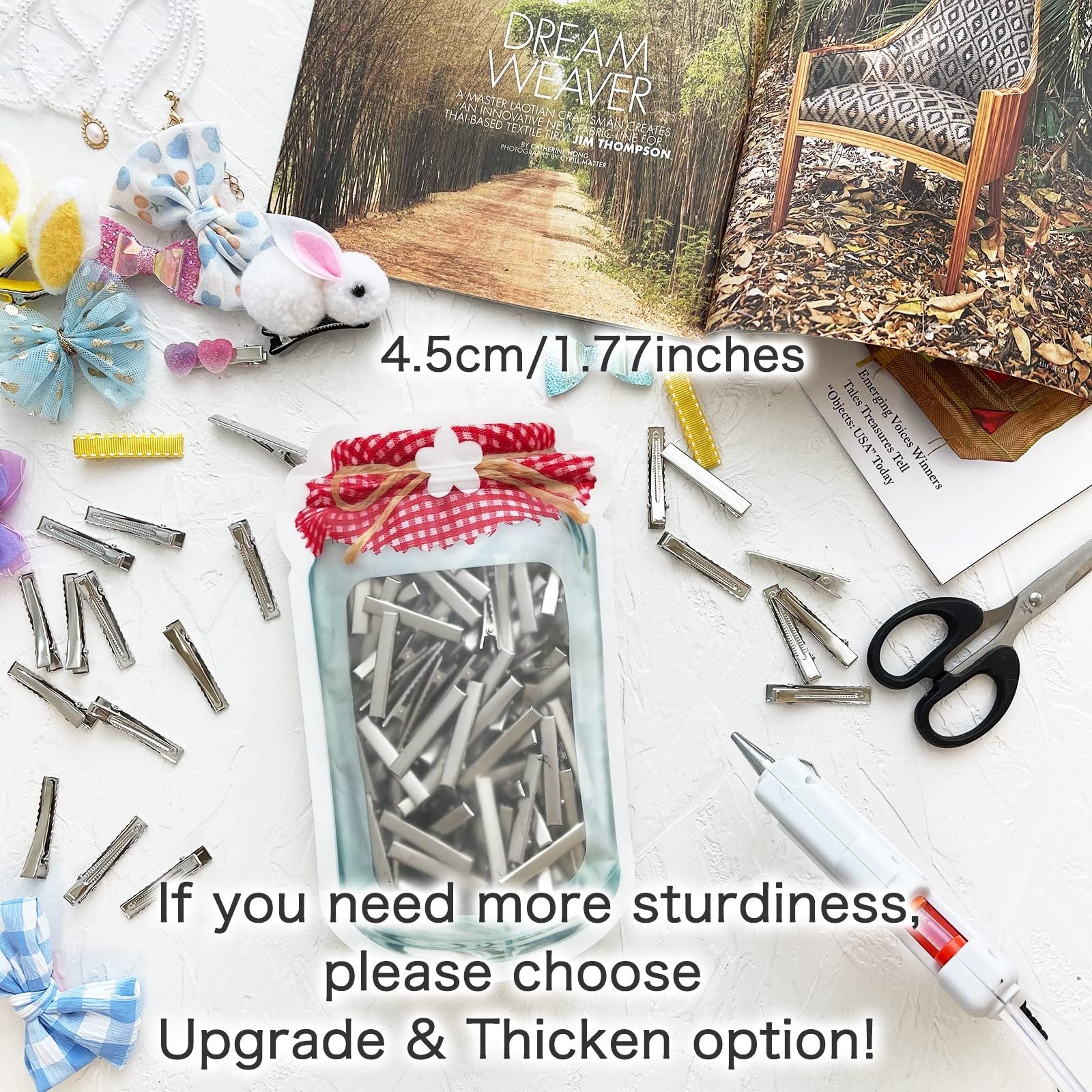 A flat lay of metal alligator hair clips, hair bows, scissors, and a glue gun, with text overlays indicating size and a message about sturdiness.