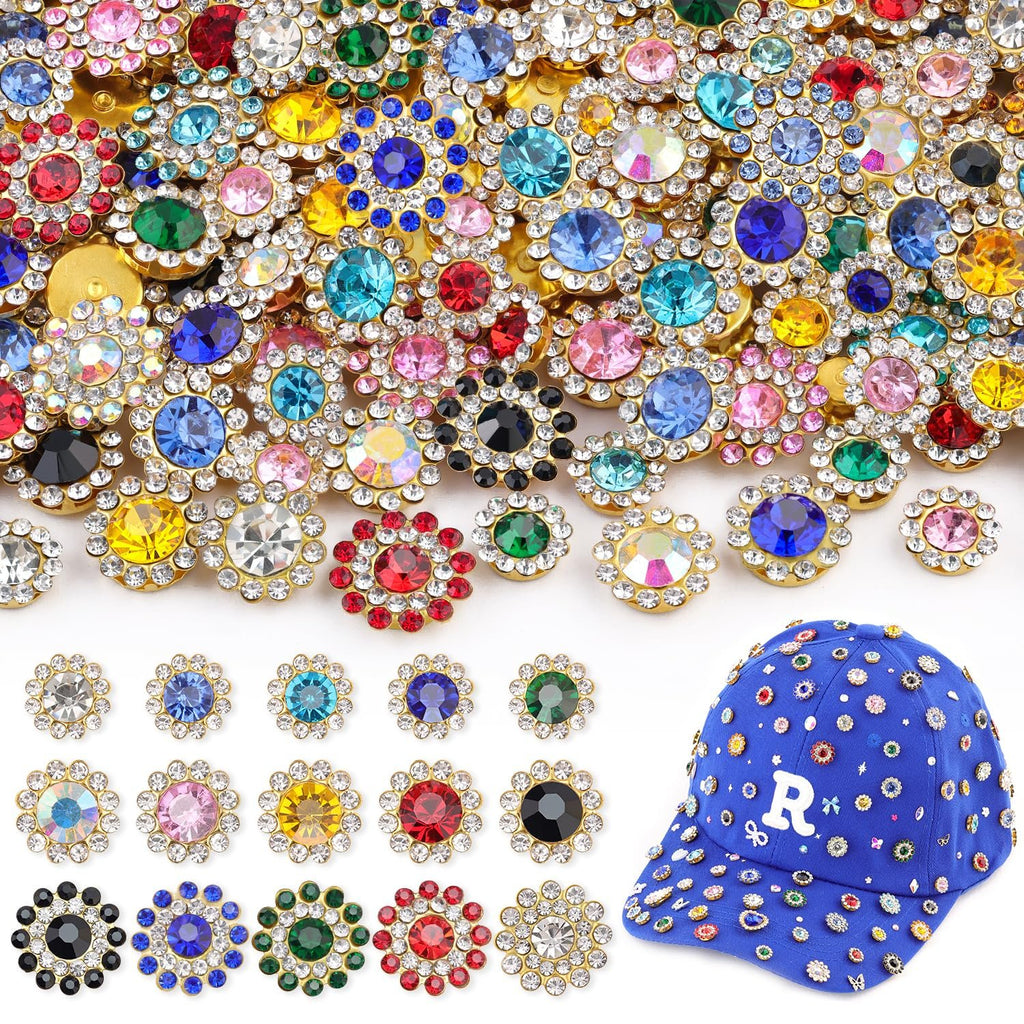 Assortment of colorful sew-on rhinestones and a blue baseball cap decorated with rhinestones.