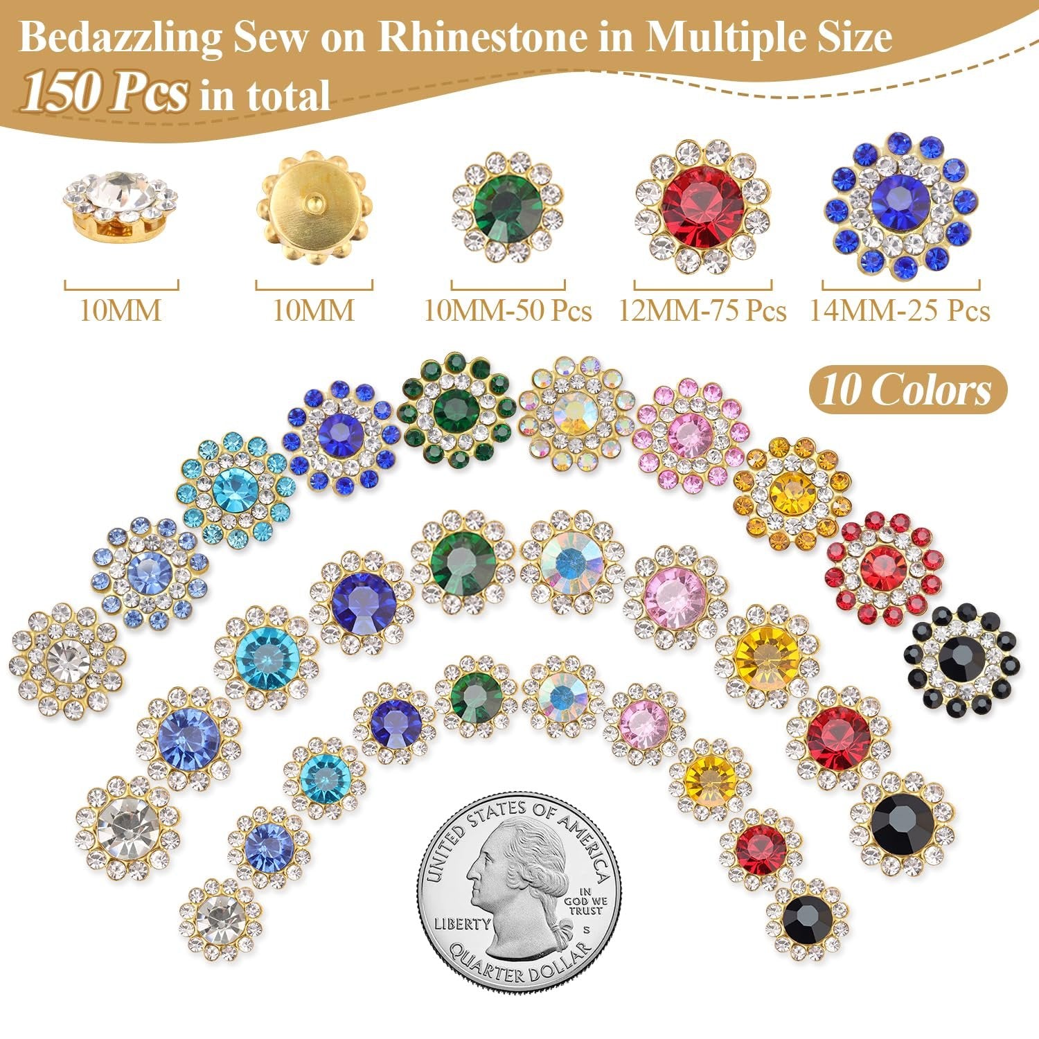 Assortment of sew-on rhinestones in various sizes and colors, with a quarter for scale.