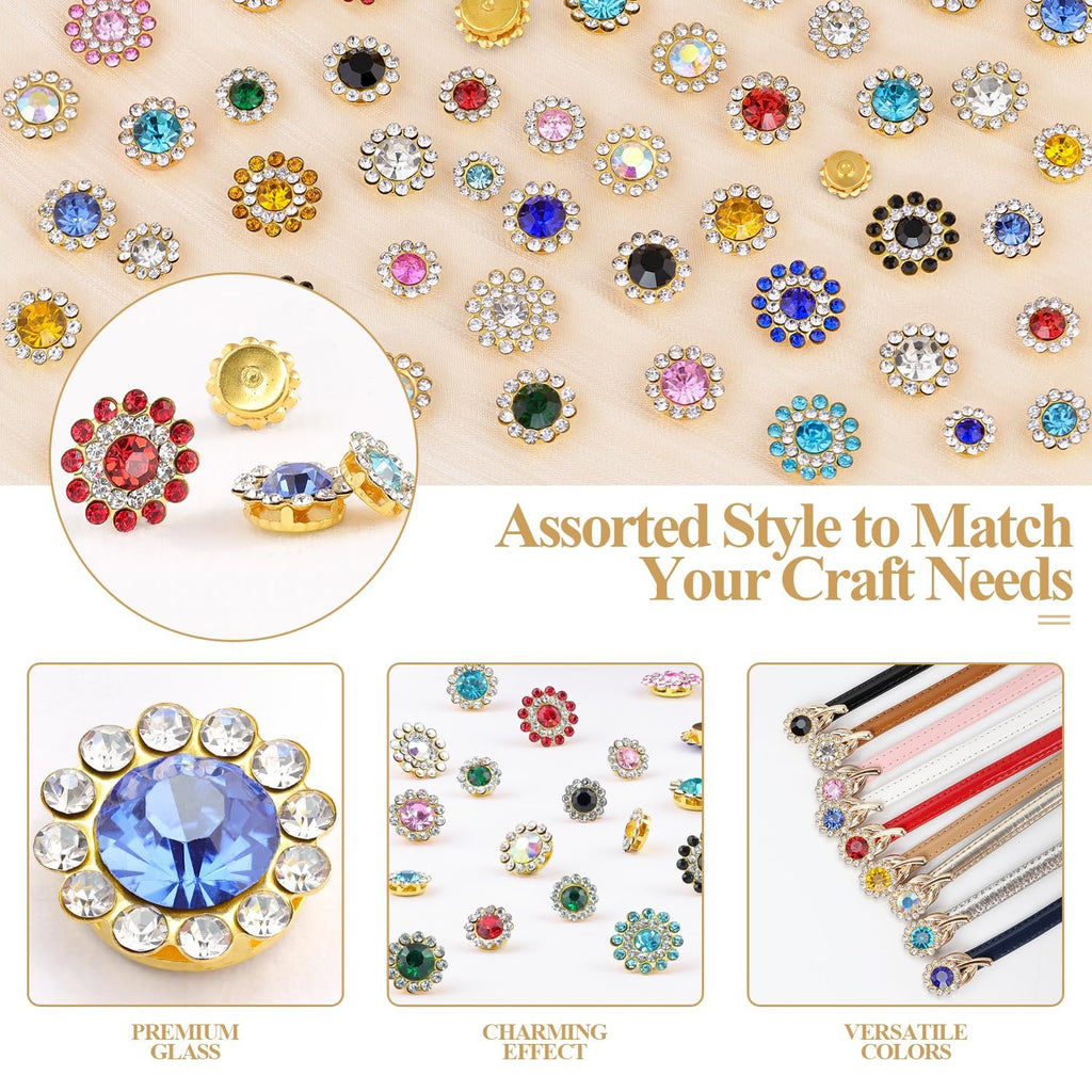 Assortment of sew-on rhinestones in various colors and sizes, with close-ups and examples on straps.