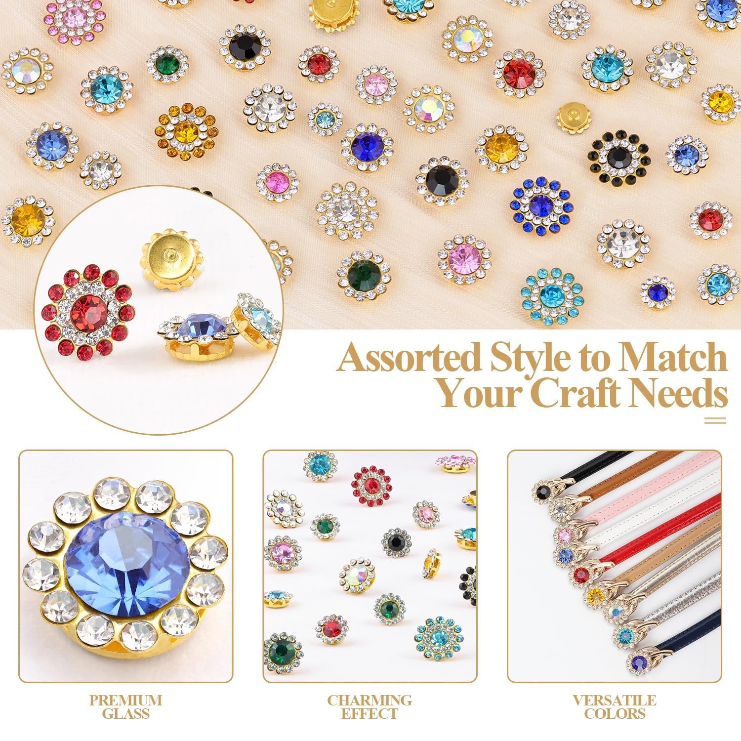 Assortment of sew-on rhinestones in various colors and sizes, with close-ups and examples on straps.